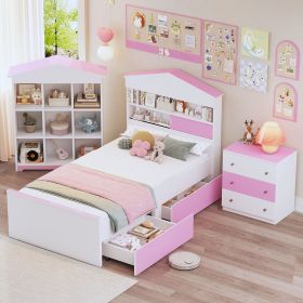 3-Pieces Bedroom Sets, Twin Size House-Shaped Wooden Bed with Storage Drawers, Nightstand with Colorblock Design and House-shaped Stroage Rack