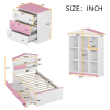 3-Pieces Bedroom Sets, Twin Size House-Shaped Wooden Bed with Storage Drawers, Nightstand with Colorblock Design and House-shaped Stroage Rack