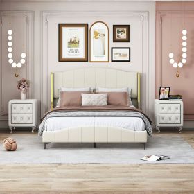 3 Pieces Bedroom Set with Queen Size PU Leather Upholstered Platform Bed and Elegant PU Nightstand with 2 Drawers , Beige