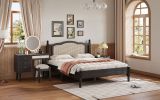 3 Pieces Bedroom Set with Queen Size Wooden Bed Frame, 1 Vintage Nightstand and 1 Makeup Vanity Set with Stool,Black