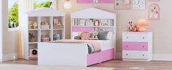 3-Pieces Bedroom Sets, Twin Size House-Shaped Wooden Bed with Storage Drawers, Nightstand with Colorblock Design and House-shaped Stroage Rack