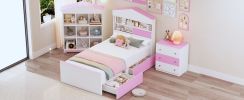 3-Pieces Bedroom Sets, Twin Size House-Shaped Wooden Bed with Storage Drawers, Nightstand with Colorblock Design and House-shaped Stroage Rack