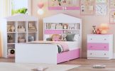 3-Pieces Bedroom Sets, Twin Size House-Shaped Wooden Bed with Storage Drawers, Nightstand with Colorblock Design and House-shaped Stroage Rack