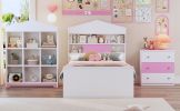 3-Pieces Bedroom Sets, Twin Size House-Shaped Wooden Bed with Storage Drawers, Nightstand with Colorblock Design and House-shaped Stroage Rack