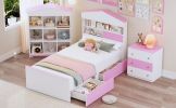 3-Pieces Bedroom Sets, Twin Size House-Shaped Wooden Bed with Storage Drawers, Nightstand with Colorblock Design and House-shaped Stroage Rack