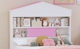 3-Pieces Bedroom Sets, Twin Size House-Shaped Wooden Bed with Storage Drawers, Nightstand with Colorblock Design and House-shaped Stroage Rack