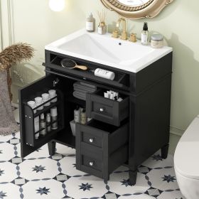 30'' Bathroom Vanity with Top Sink, Modern Bathroom Storage Cabinet with 2 Drawers and a Tipout Drawer, Single Sink Bathroom Vanity (Color: Black, Material: Solid Wood+MDF)