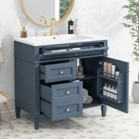 36'' Bathroom Vanity with Top Sink, Modern Bathroom Storage Cabinet with 2 Drawers and a Tipout Drawer, Single Sink Bathroom Vanity (Color: Blue, Material: Solid Wood+MDF+Resin)