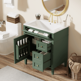 30'' Bathroom Vanity with Top Sink, Modern Bathroom Storage Cabinet with 2 Drawers and a Tipout Drawer, Single Sink Bathroom Vanity (Color: Green, Material: Solid Wood+MDF+Resin)