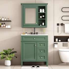 30'' Bathroom Vanity with Top Sink, Modern Bathroom Storage Cabinet with 2 Drawers and a Tipout Drawer, Freestanding Vanity Set with Mirror Cabinet (Color: Green, Material: Solid Wood+MDF+Resin)